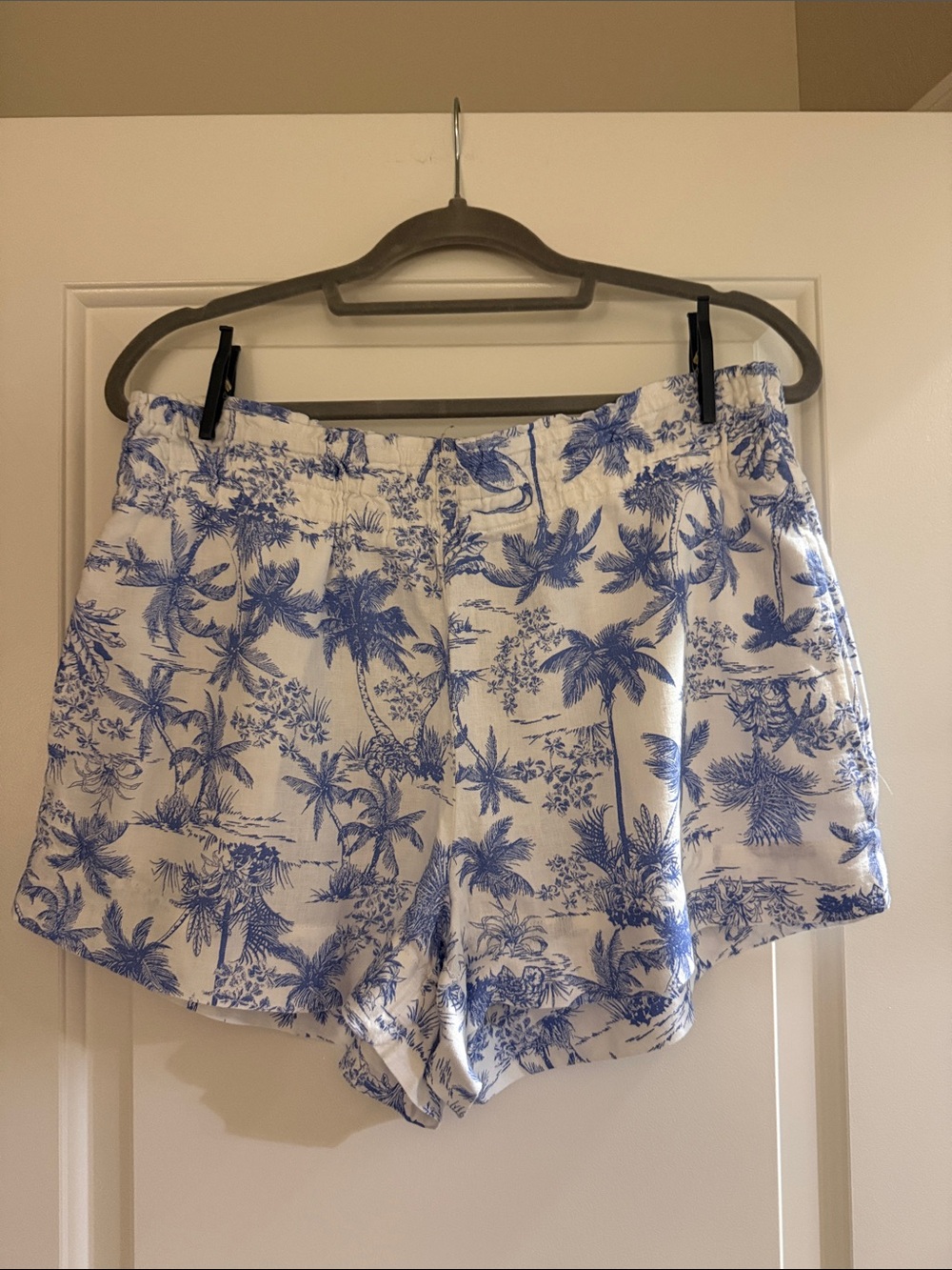 a new day White Shorts with Blue Palm Print